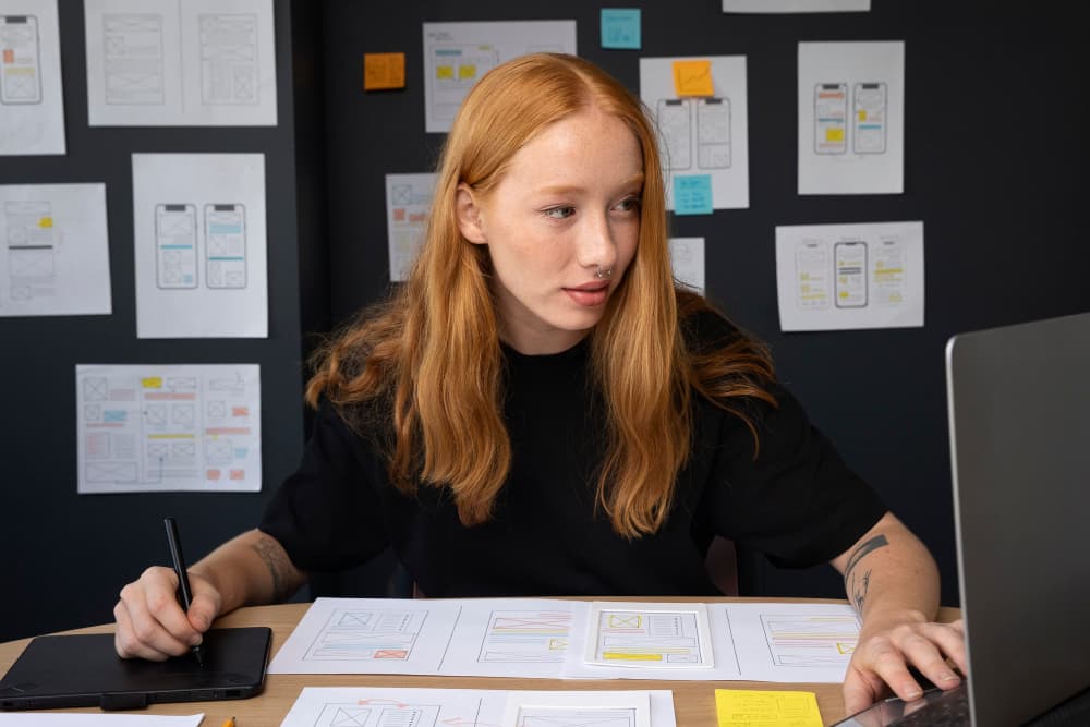 Eine Frau arbeitet an ihrem Laptop und einem Grafik Tablet.