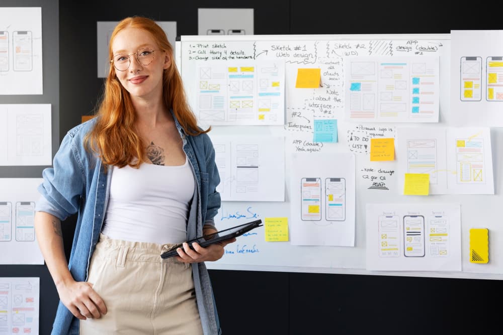 Eine Frau steht vor einem Whiteboard, auf dem eine Vielzahl an Notizen angebracht sind.