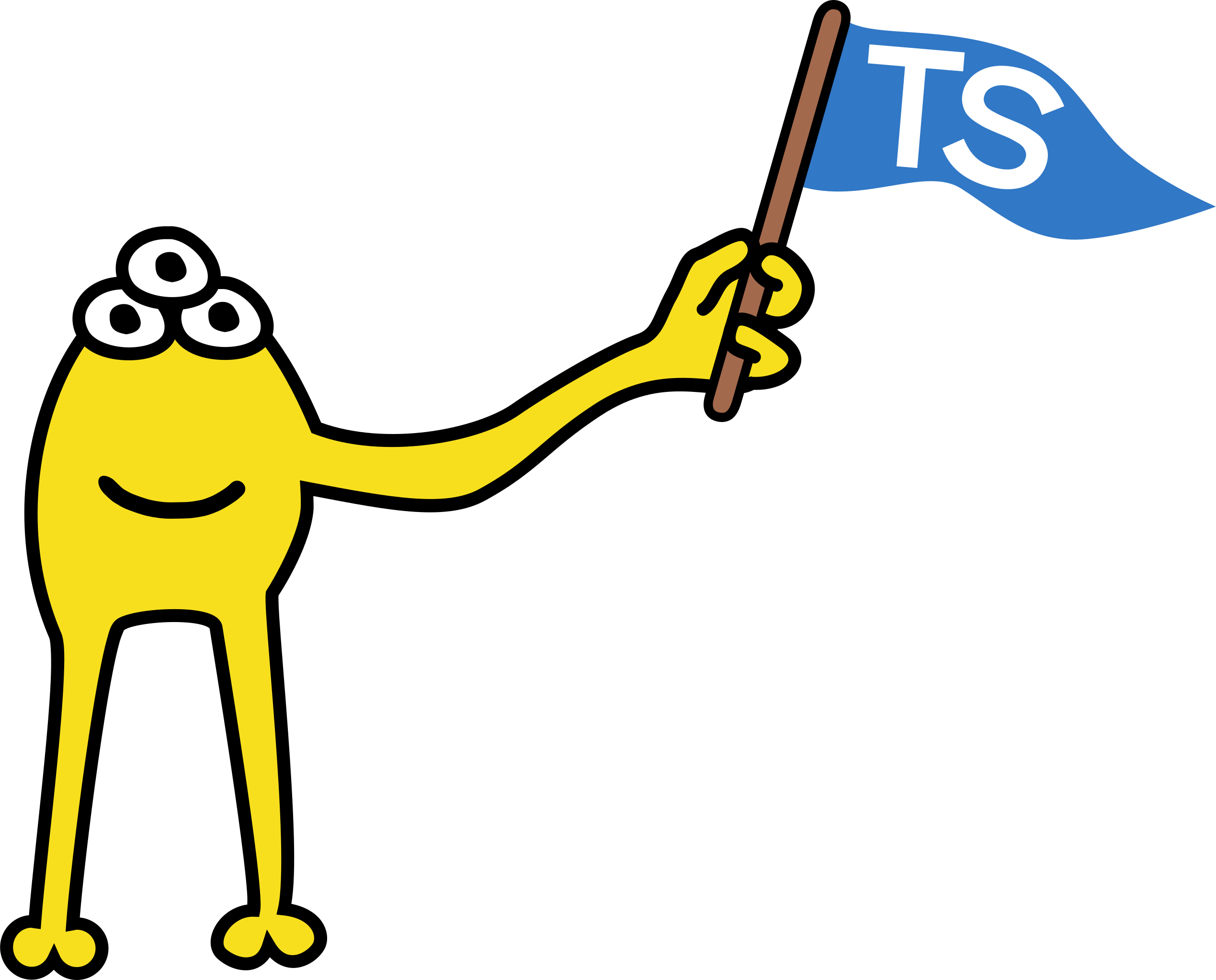 JavaScript Maskottchen welches eine TypeScript Flagge hält.