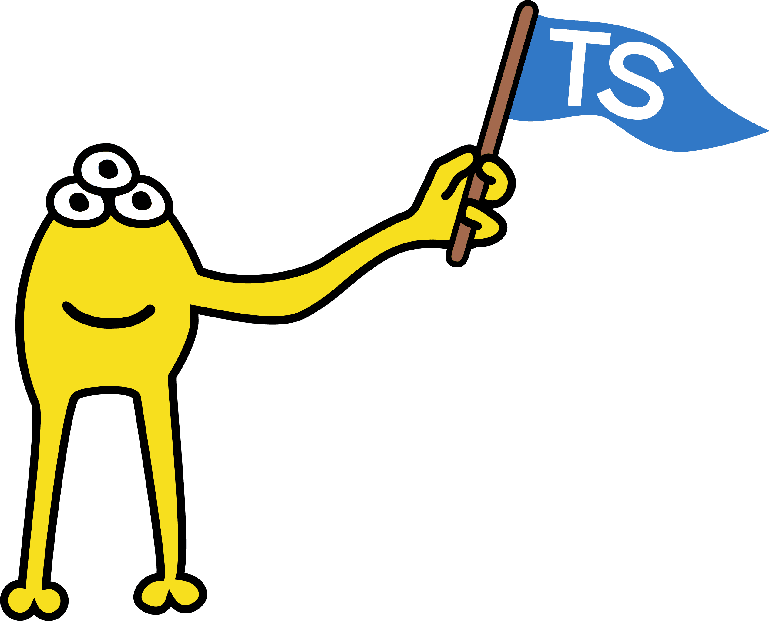 JavaScript Maskottchen welches eine TypeScript Flagge hält.