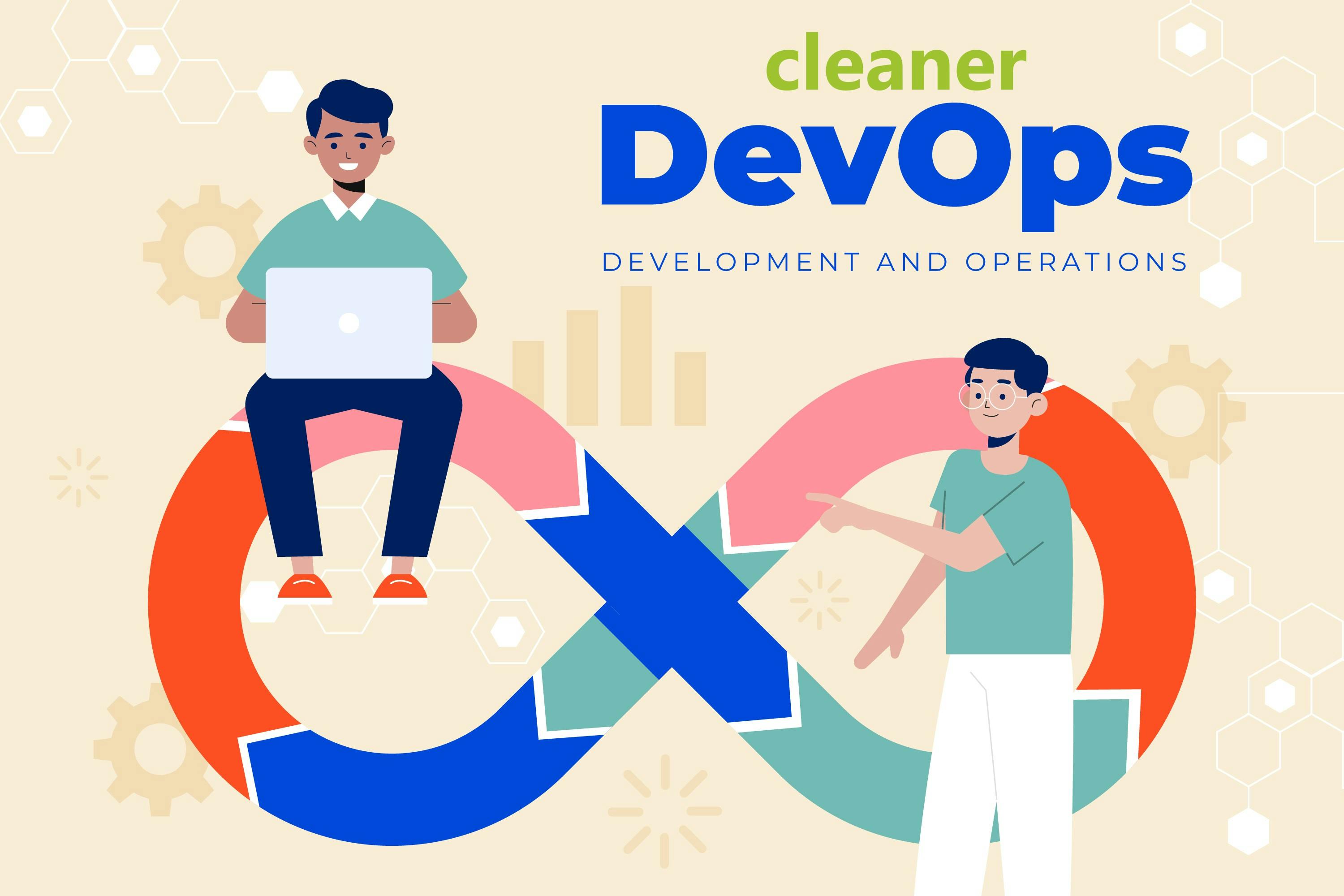 Clipart über Cleaner DevOps welches das Unendlichkeitssymbol mit zwei Personen abbildet.