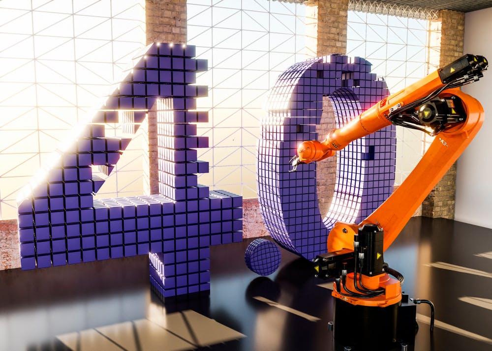 Ein Roboterarm baut eine '4.0' aus kleinen lila Bauteilen.