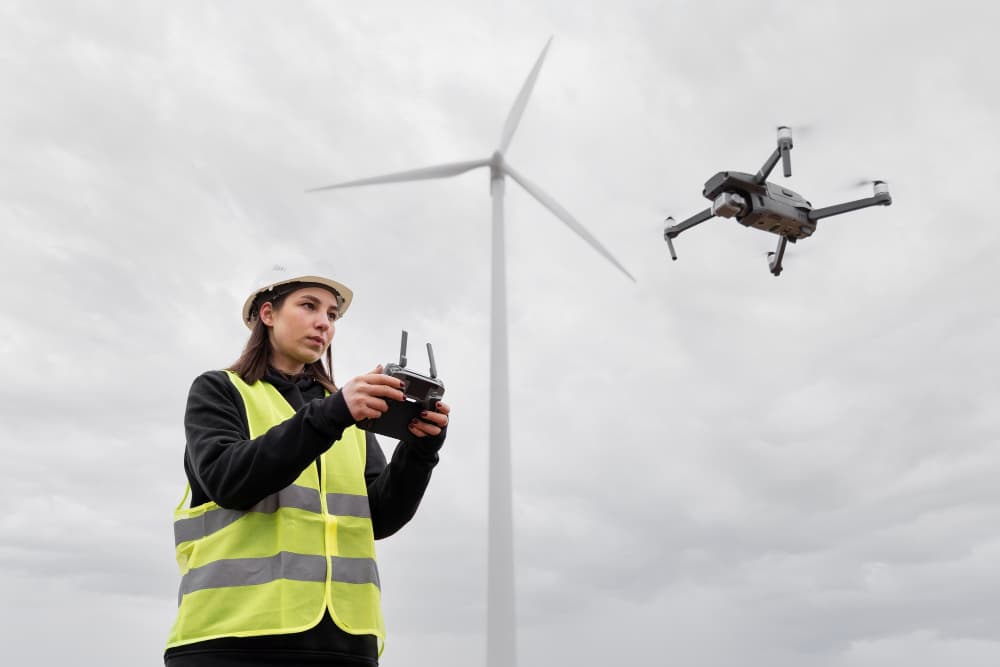 Eine Frau in Warnweste bedient eine ferngesteuerte Drone.